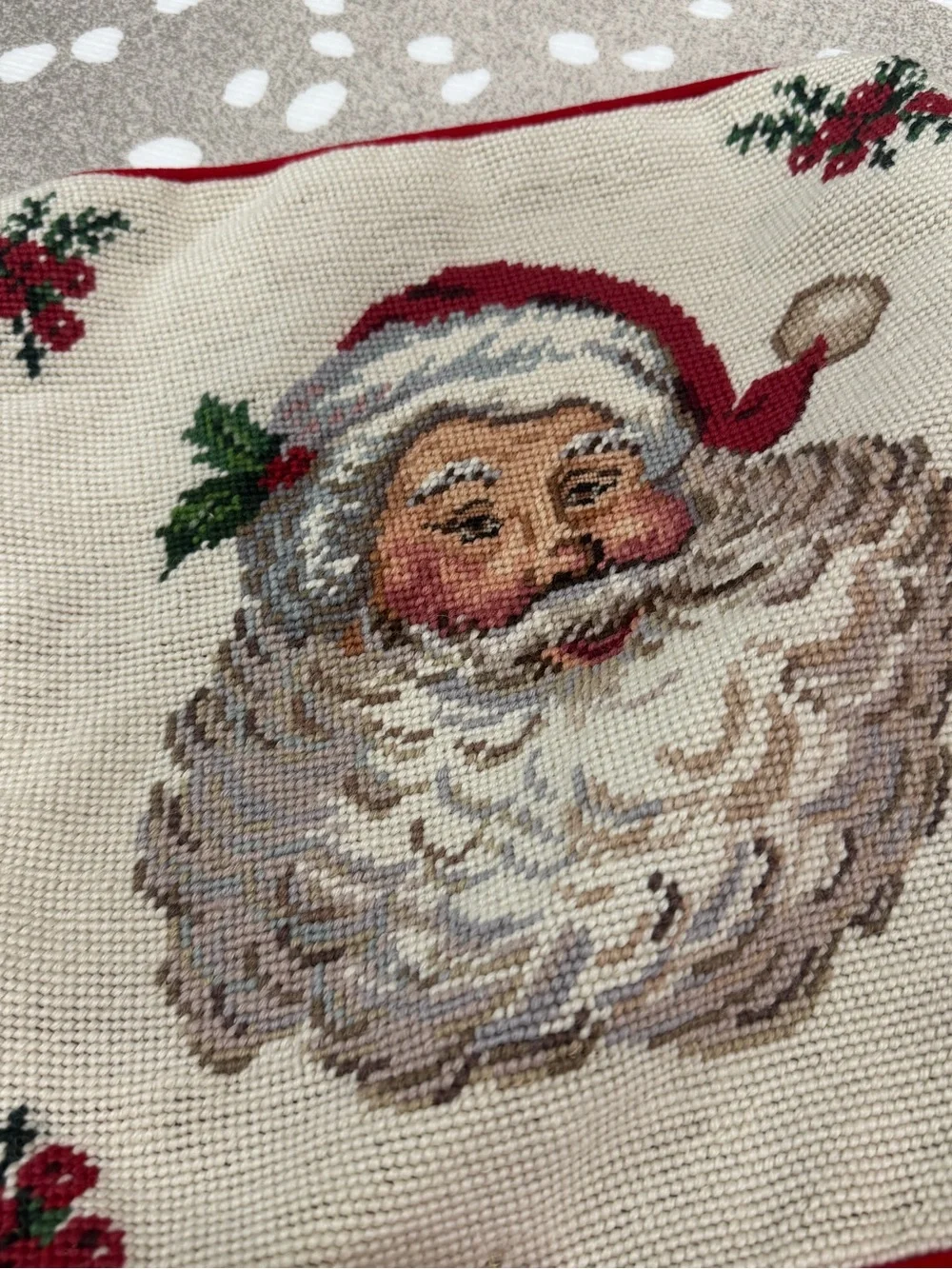 Vintage Needlepoint santa christmas velvet square pillow zipper handmade wool